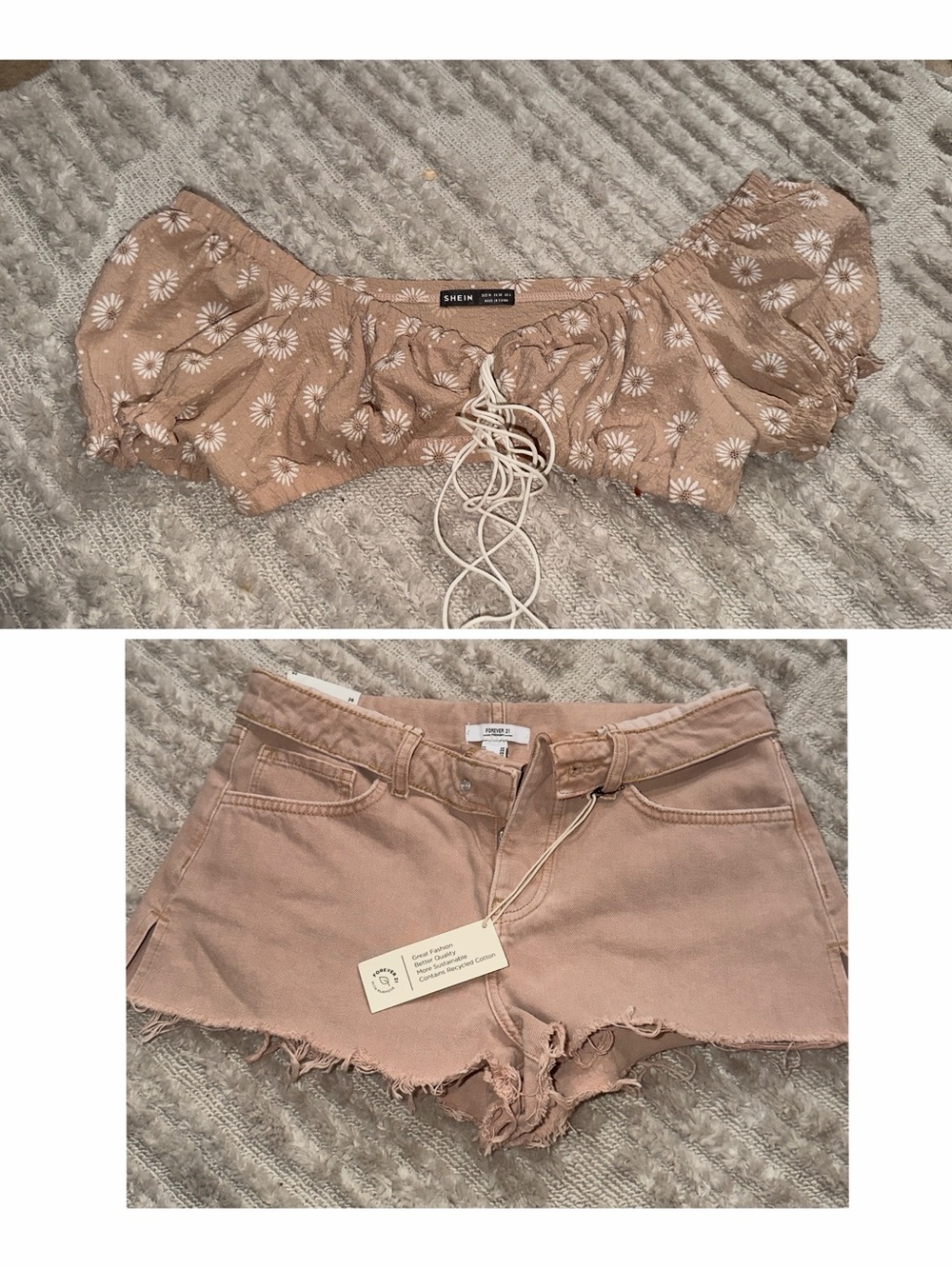 Women's Tan Daisy Crop Top & Tan Denim Cutoff Shorts Set